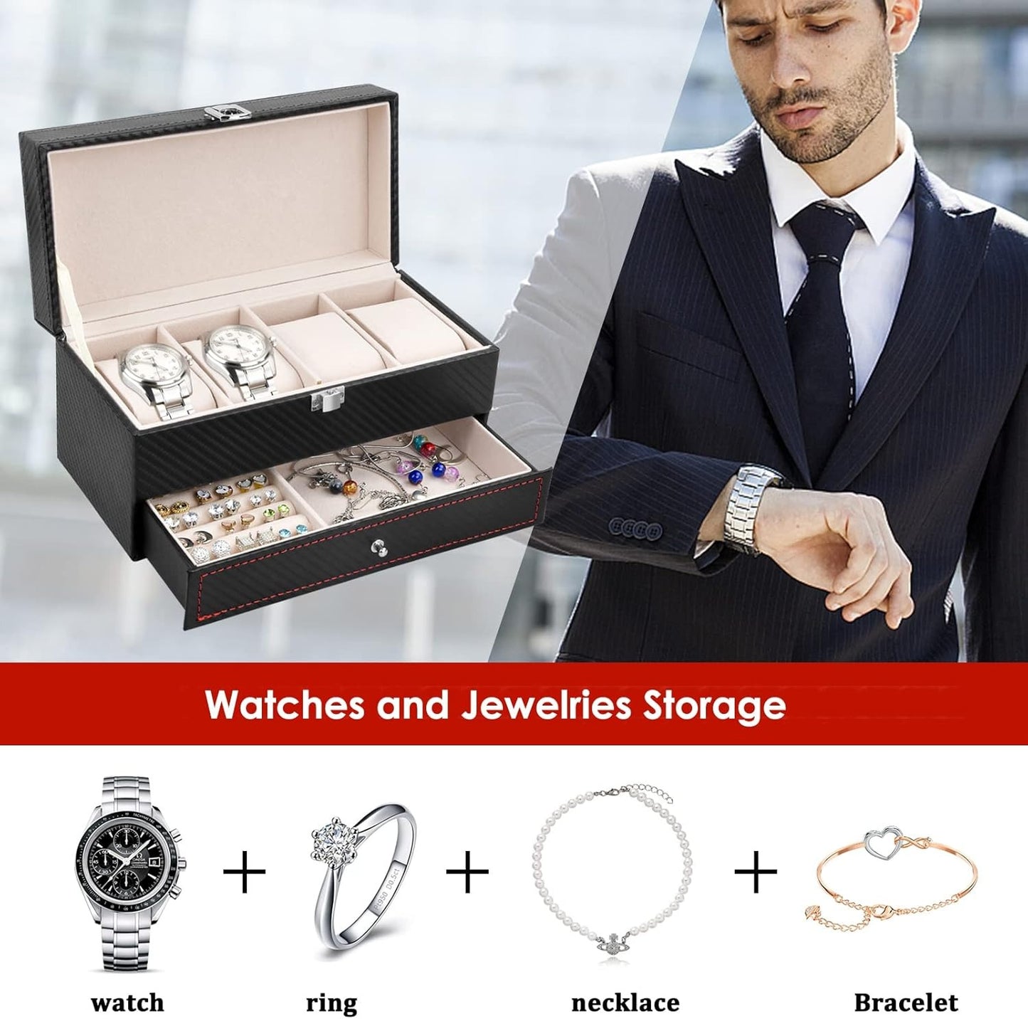 4 Slot Watches With Draw Jewellery Organizer Pu Leather Material High Quality