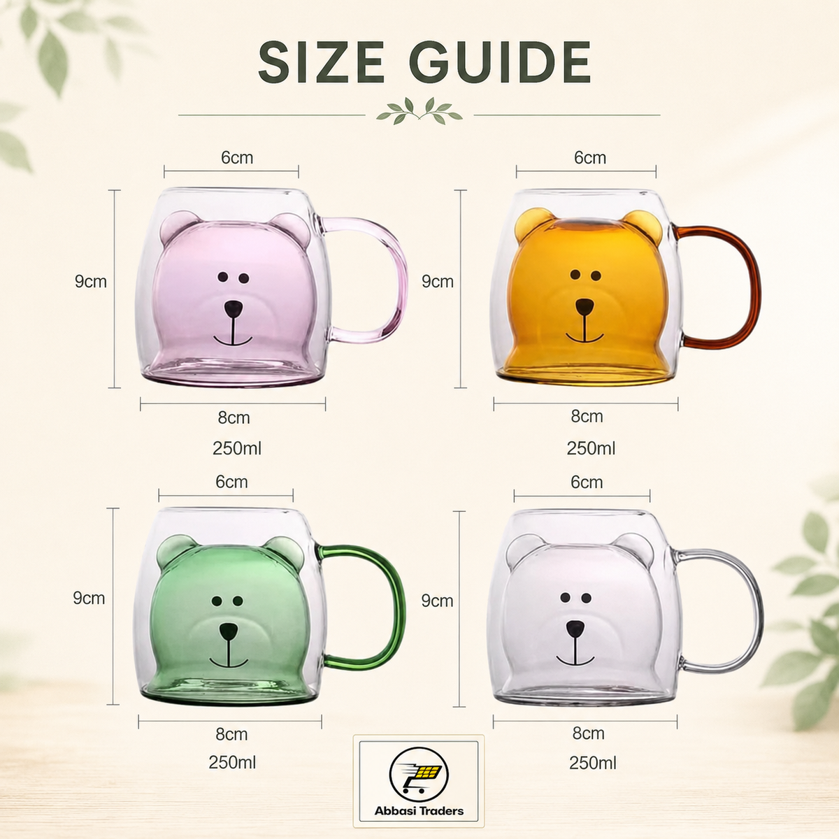 Cute Bear Double Wall Glass Coffee Mug with Handle – 250ml Random colors (1 piece)