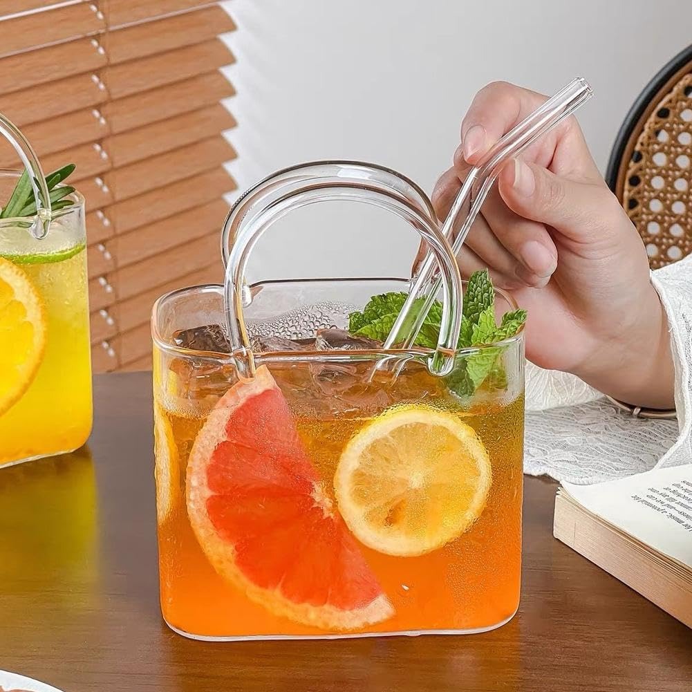 Glass Tumbler with Straw | Handbag Design for Cold Coffee & Juice 800ML