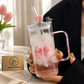 Cute Coquette Bow Glass Tumbler with Handle, Lid & Straw
