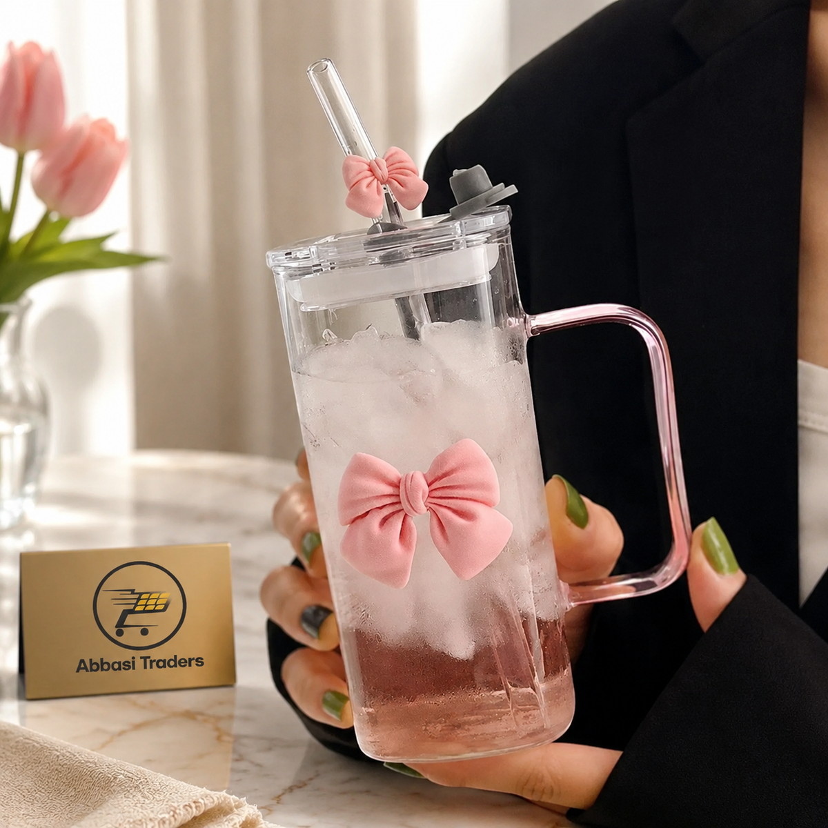 Cute Coquette Bow Glass Tumbler with Handle, Lid & Straw