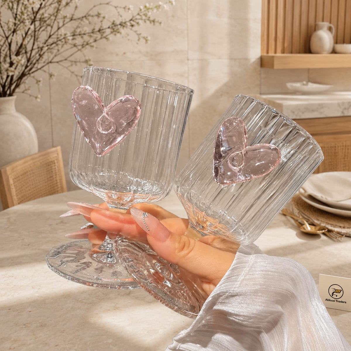 Pink Heart Ribbed Glass Goblet for Juice, Ice Cream & Cold Drinks