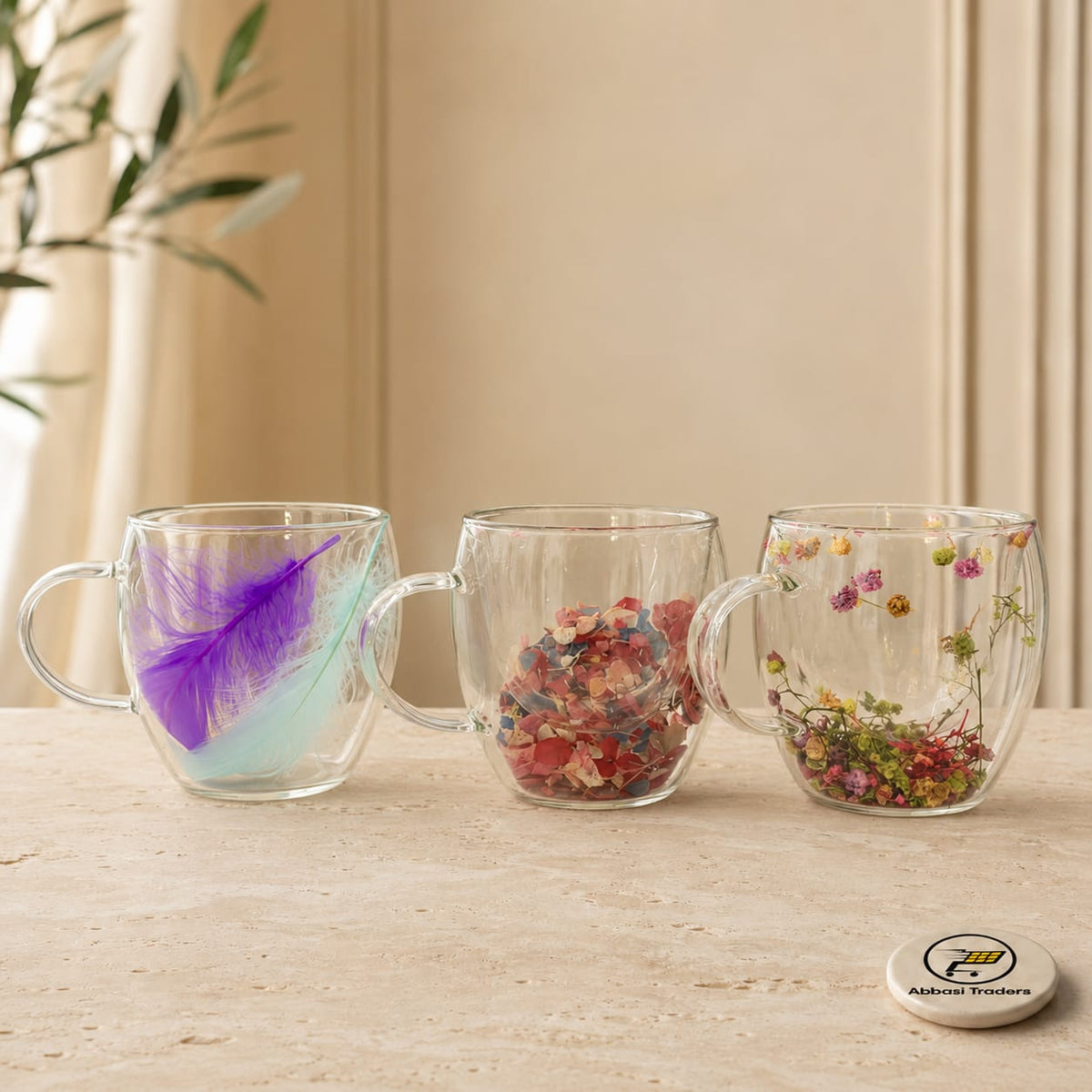 Dried Flower Double Wall Glass Coffee Mug – 250ml