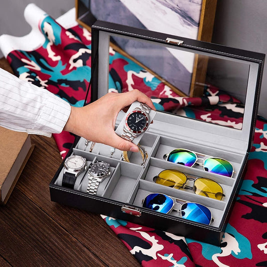 6 Slot Watches and 3 Slot Sunglasses Organizer Box Pu Leather Material