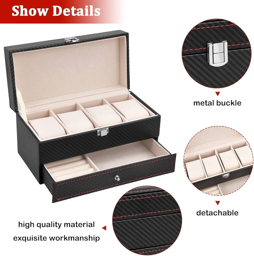 4 Slot Watches With Draw Jewellery Organizer Pu Leather Material High Quality