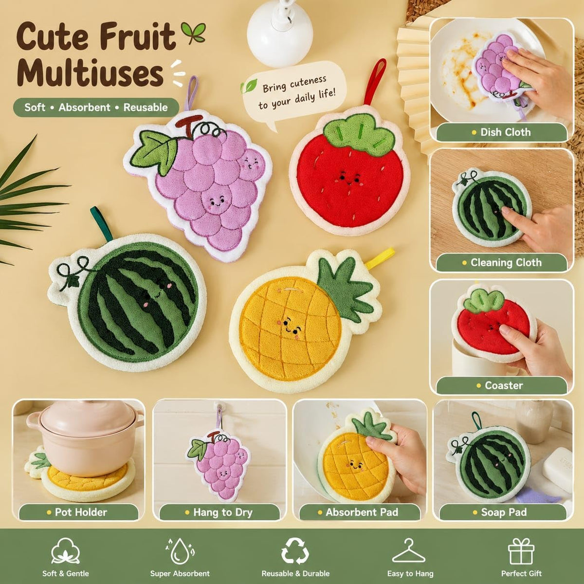 Cute Fruit Shaped Microfiber Hanging Hand Towels for Kitchen