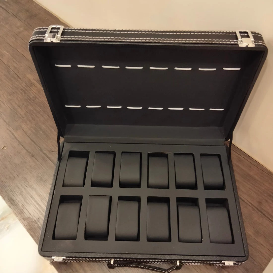 12 Slot Premium Quality Full Black Pu Leather Watch Box Organizer