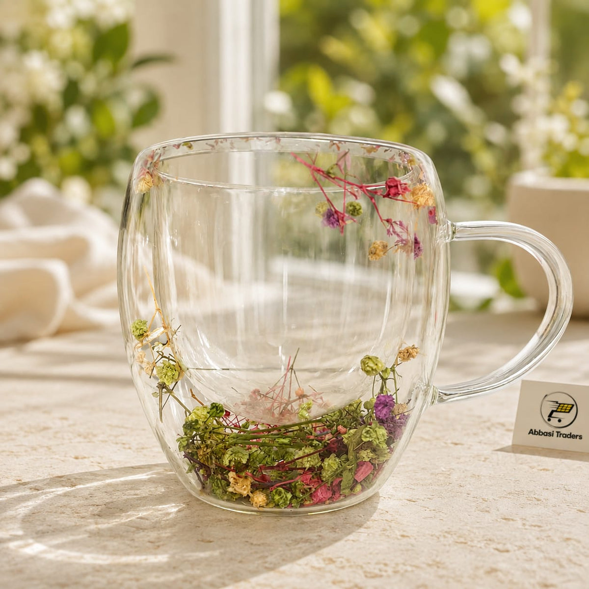 Dried Flower Double Wall Glass Coffee Mug – 250ml