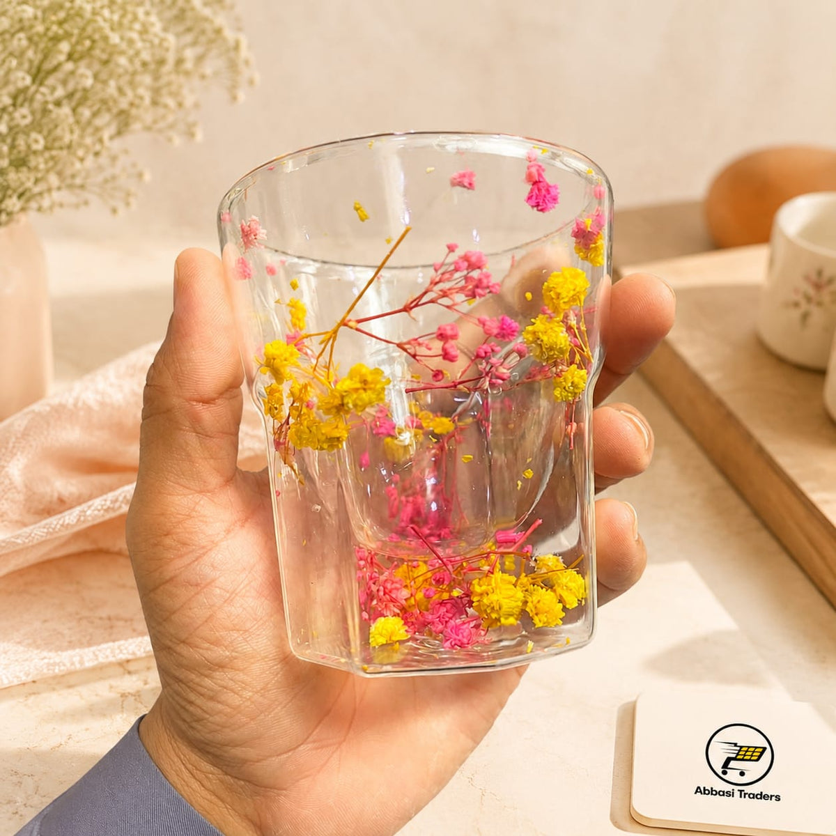 Dried Flower Double Wall Drinking Glass 250 ML