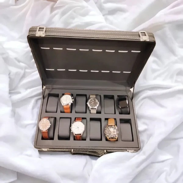 12 Slot Premium Quality Full Black Pu Leather Watch Box Organizer