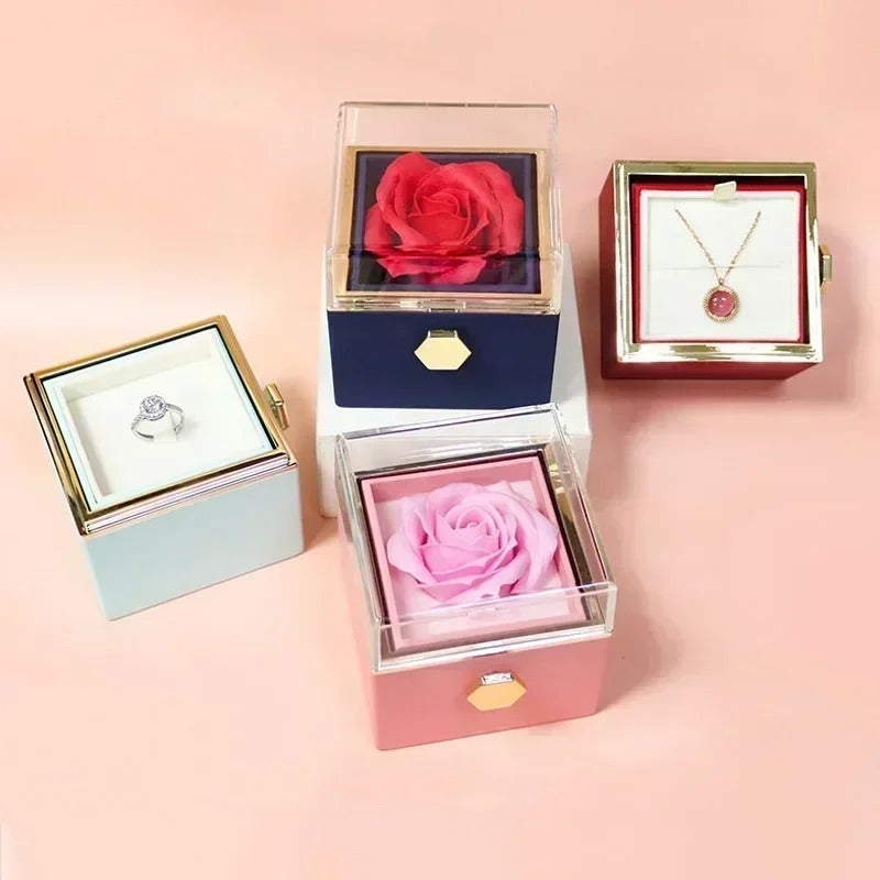 Rotating Rose Flower Jewelry Box Ring Earrings Necklace Storage Boxes Wedding Valentine's Day Gift Boxes for Lovers