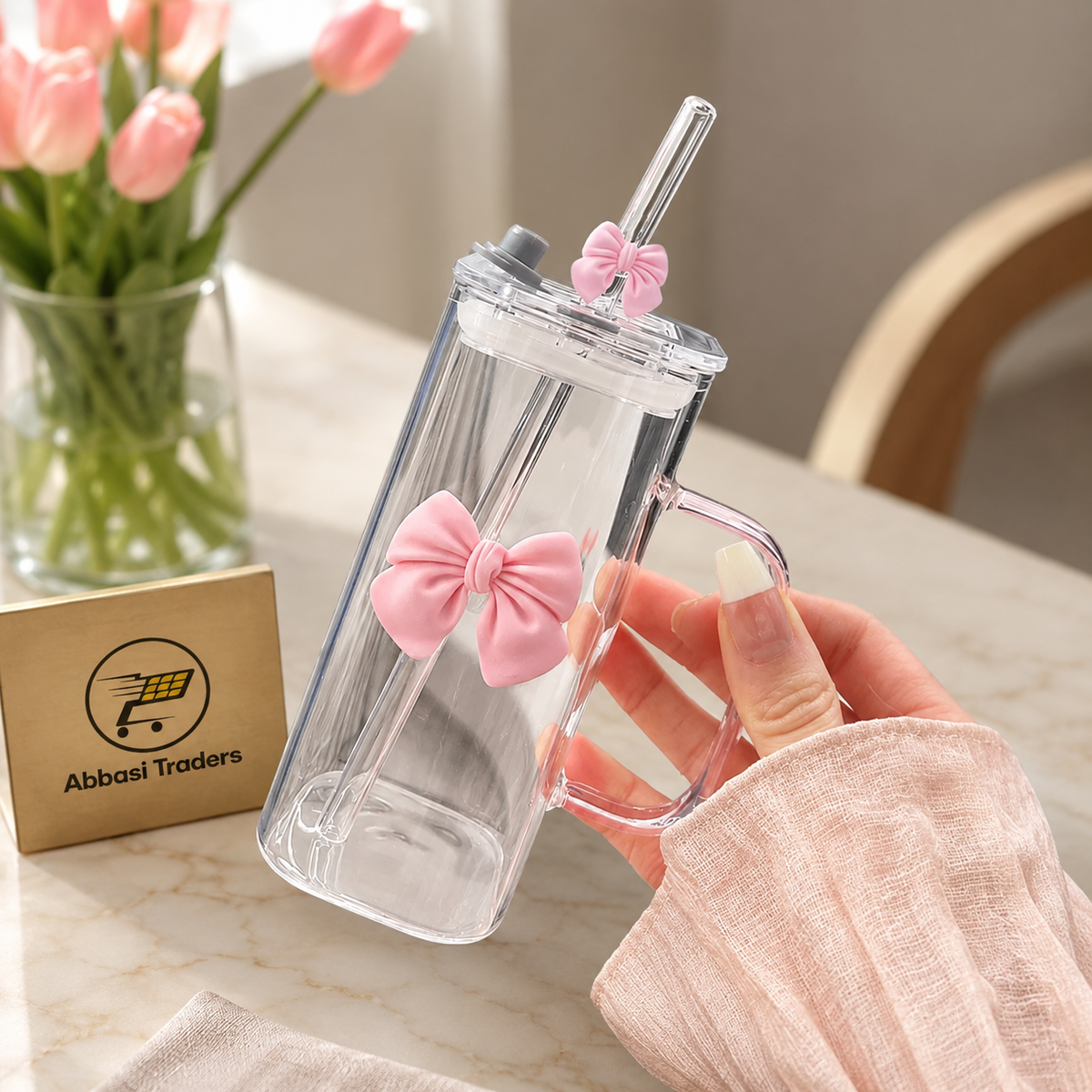 Cute Coquette Bow Glass Tumbler with Handle, Lid & Straw