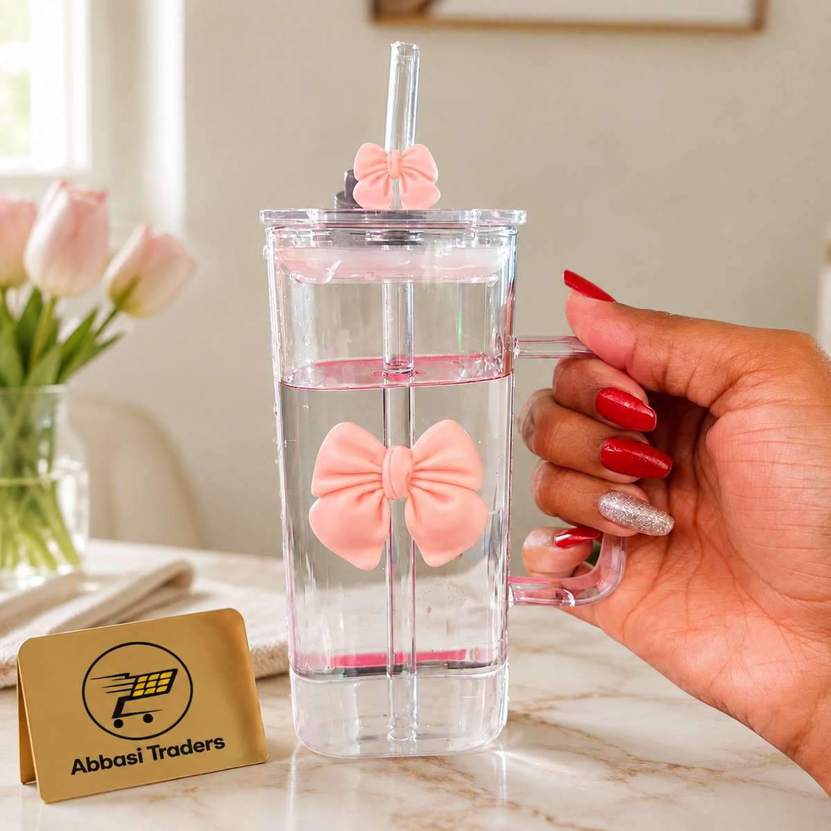 Cute Coquette Bow Glass Tumbler with Handle, Lid & Straw