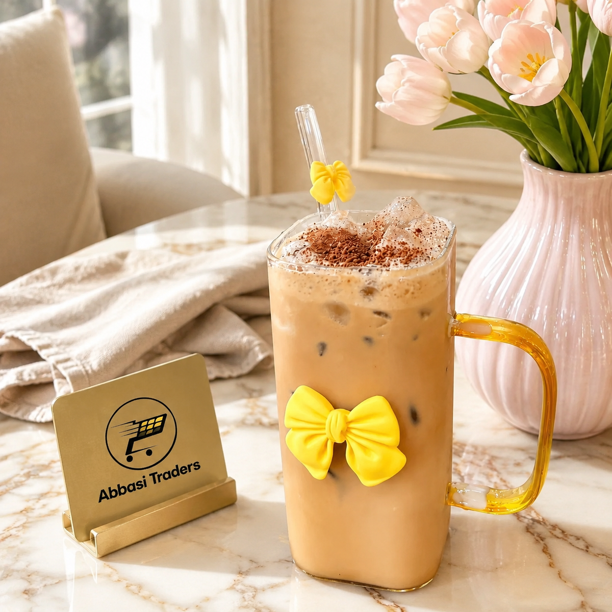 Cute Coquette Bow Glass Tumbler with Handle, Lid & Straw