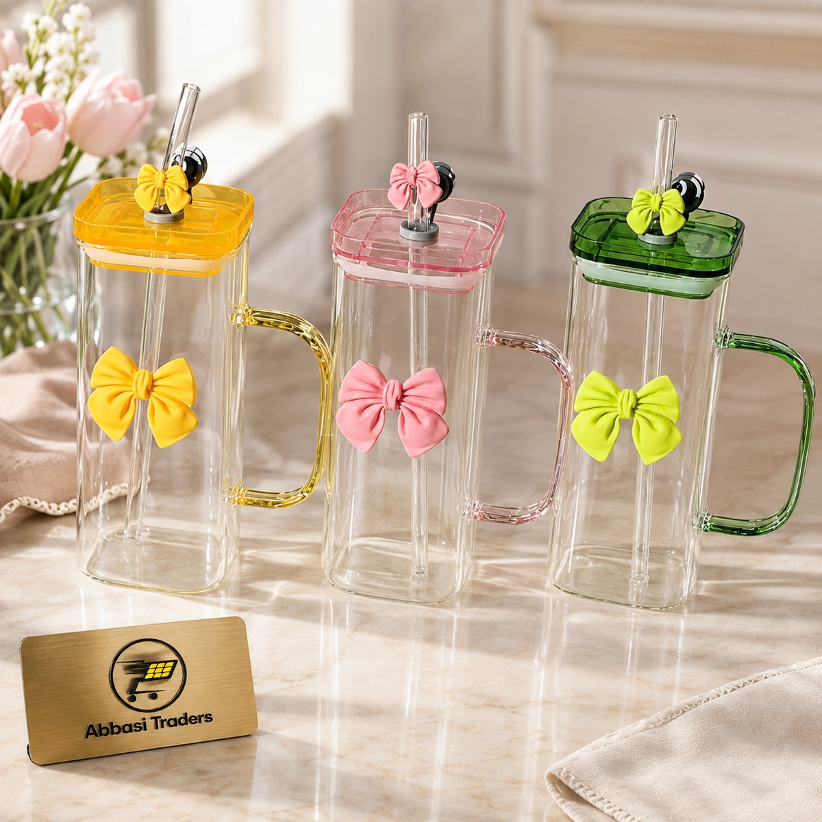Cute Coquette Bow Glass Tumbler with Handle, Lid & Straw