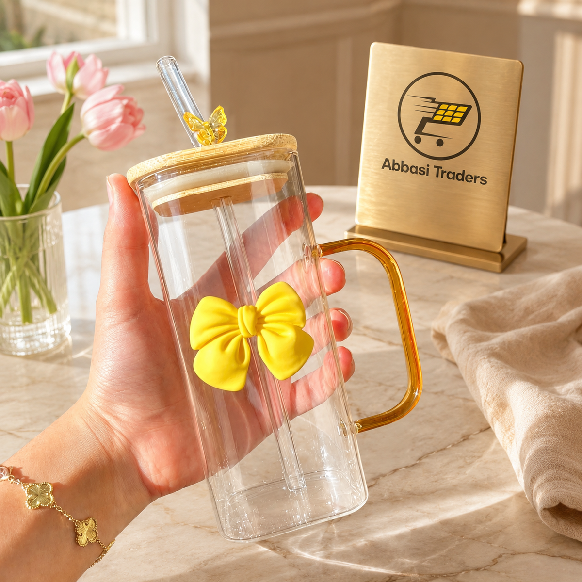 Cute Coquette Bow Glass Tumbler with Handle, Lid & Straw
