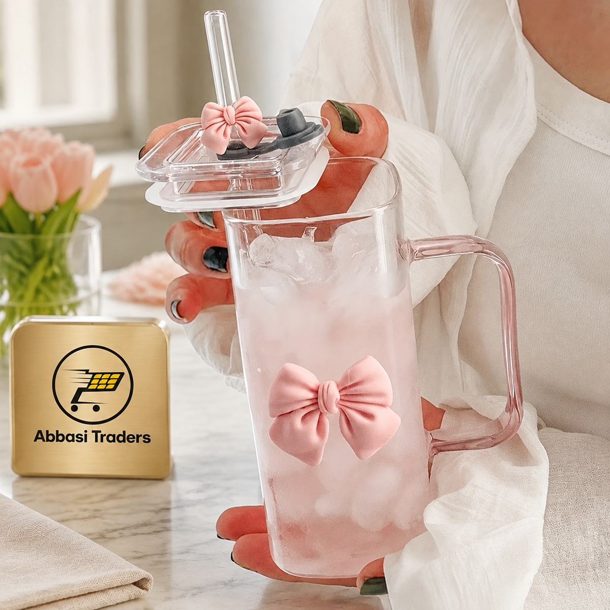 Cute Coquette Bow Glass Tumbler with Handle, Lid & Straw