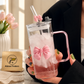 Cute Coquette Bow Glass Tumbler with Handle, Lid & Straw