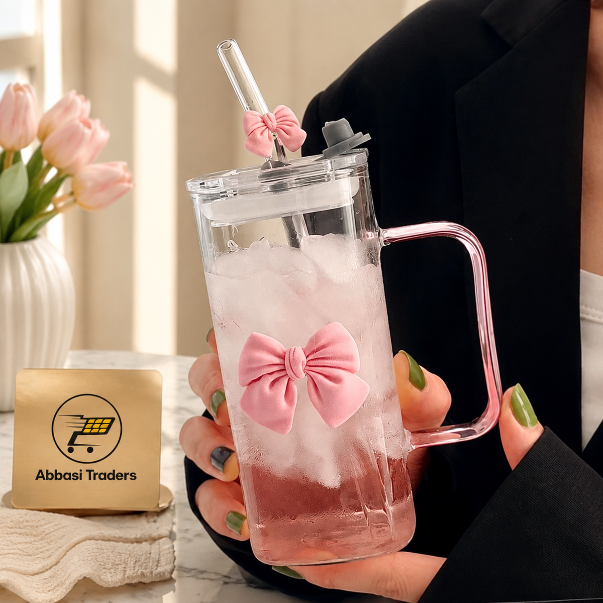 Cute Coquette Bow Glass Tumbler with Handle, Lid & Straw