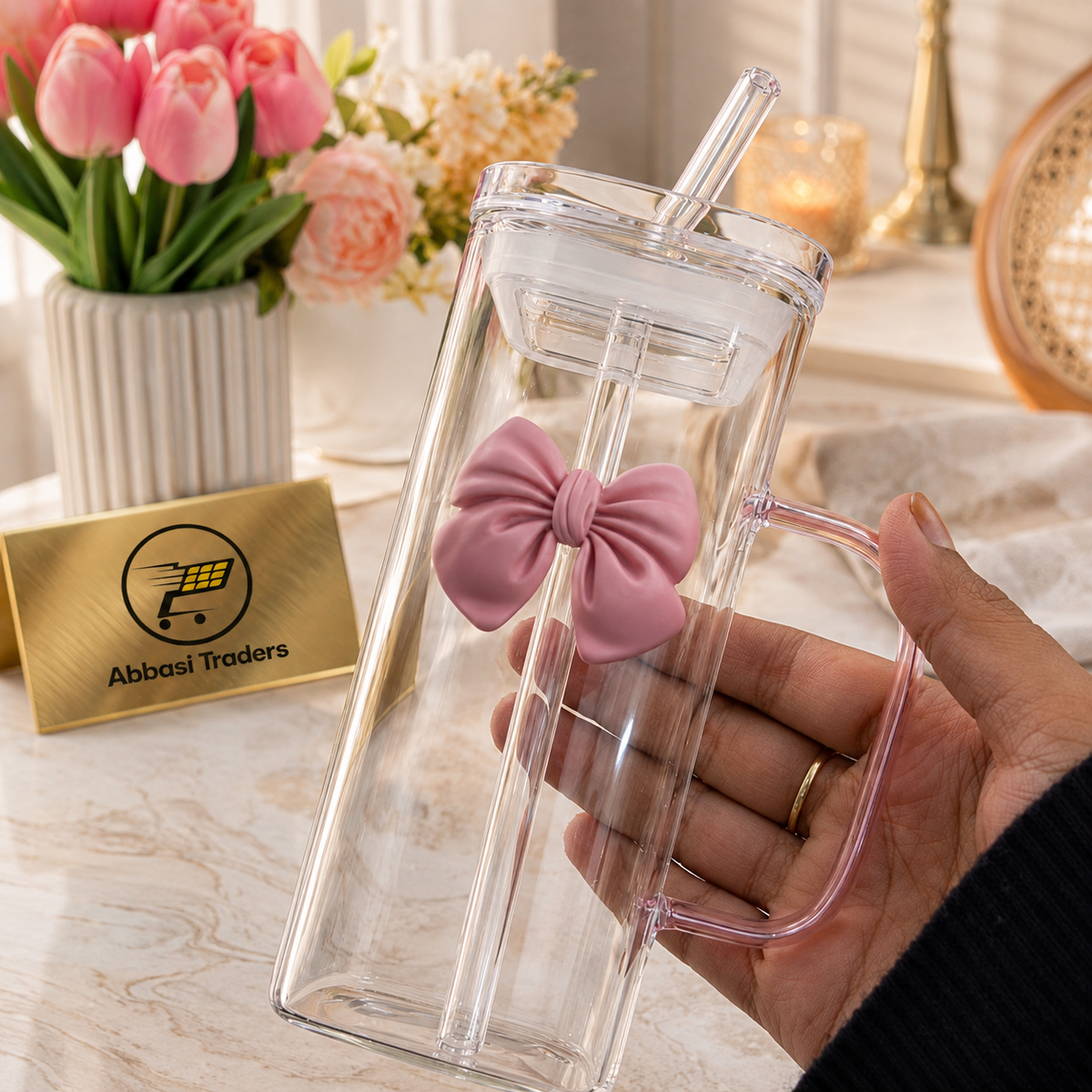 Cute Coquette Bow Glass Tumbler with Handle, Lid & Straw