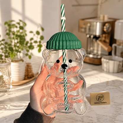 Cute Bear Barista Glass Tumbler with Lid & Straw
