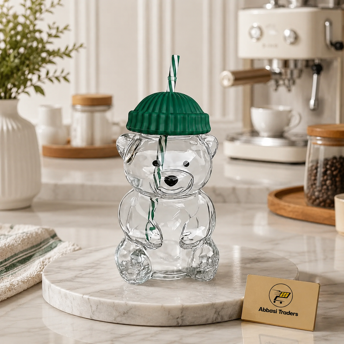 Cute Bear Barista Glass Tumbler with Lid & Straw