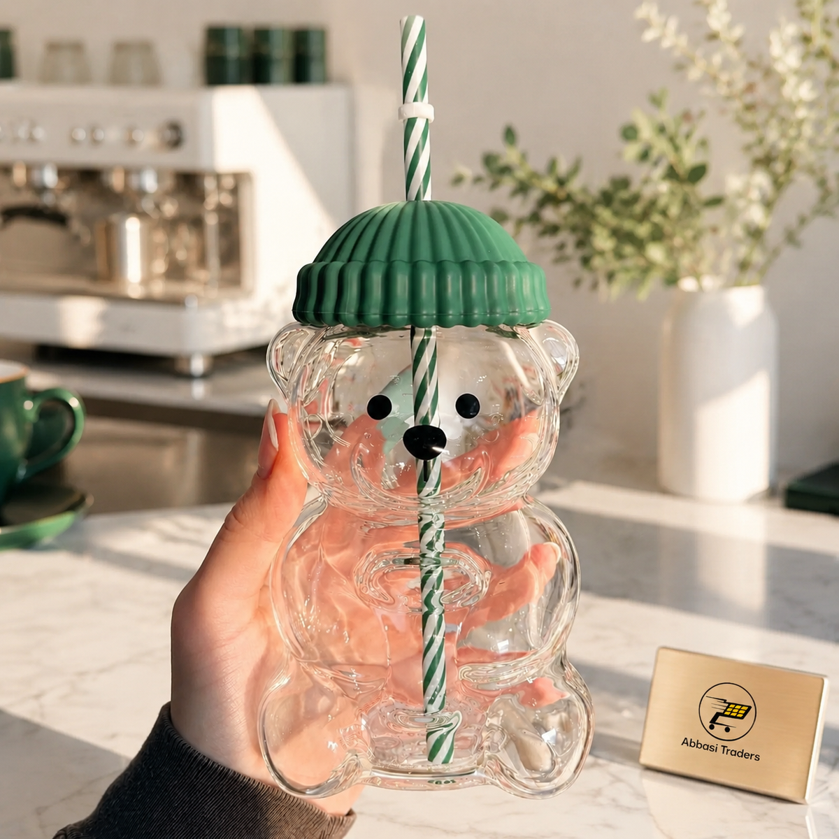 Cute Bear Barista Glass Tumbler with Lid & Straw