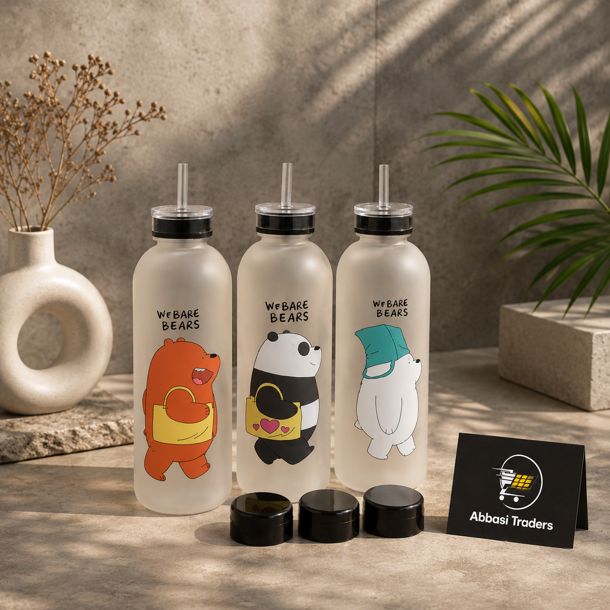 2 IN 1 We Bare Bears Reusable Water Bottle with Straw & 2 Caps 1000ML