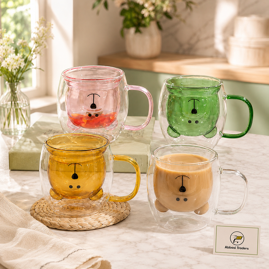 Cute Bear Double Wall Glass Coffee Mug with Handle – 250ml Random colors (1 piece)
