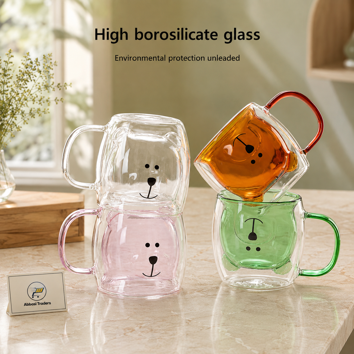 Cute Bear Double Wall Glass Coffee Mug with Handle – 250ml Random colors (1 piece)