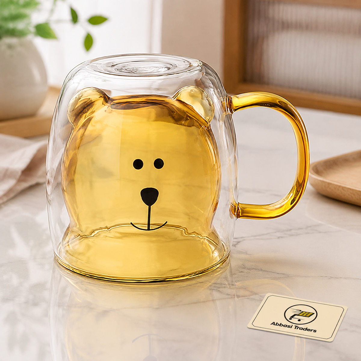 Cute Bear Double Wall Glass Coffee Mug with Handle – 250ml Random colors (1 piece)