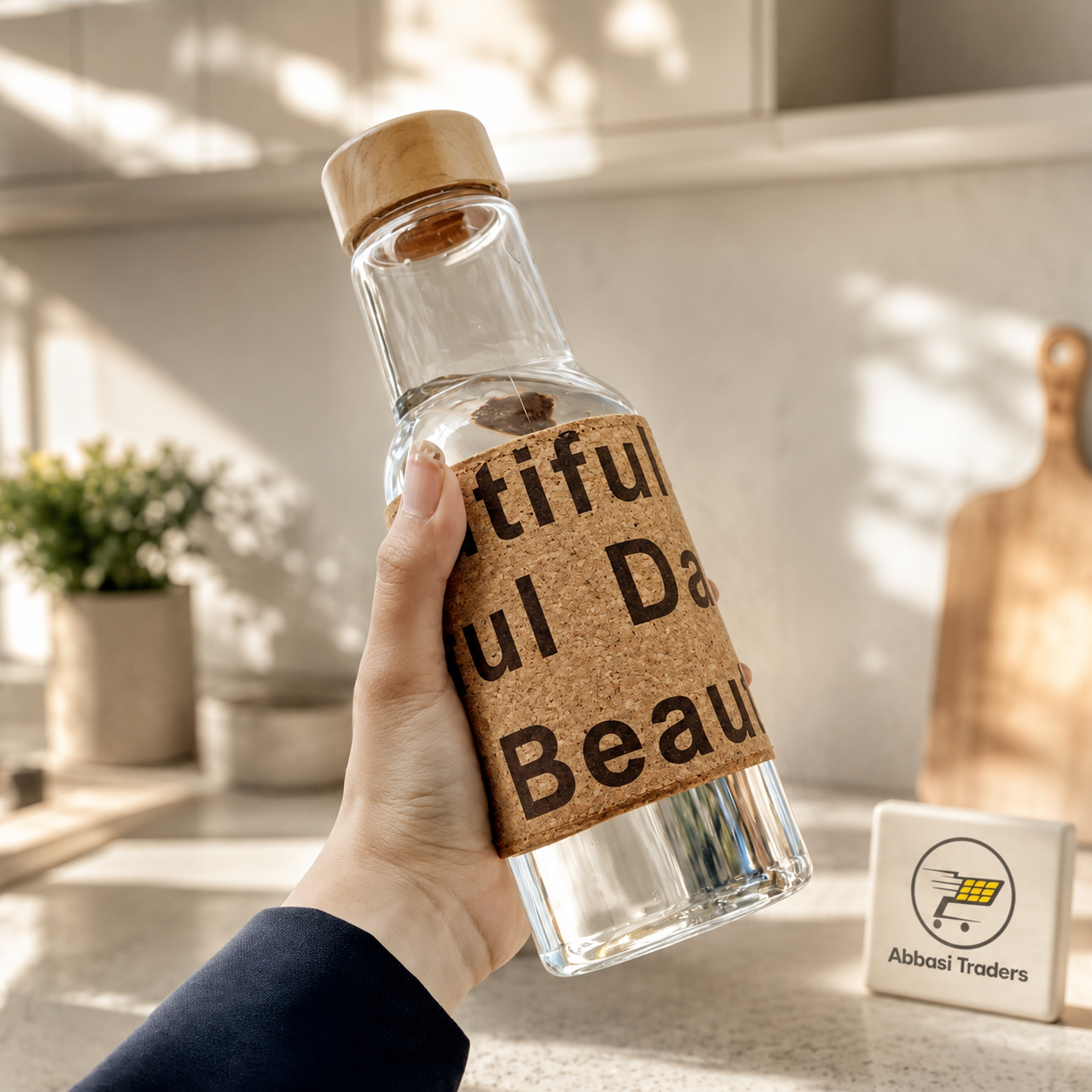 Beautiful Day Glass Water Bottle with Bamboo Lid & Cork Sleeve 550ML