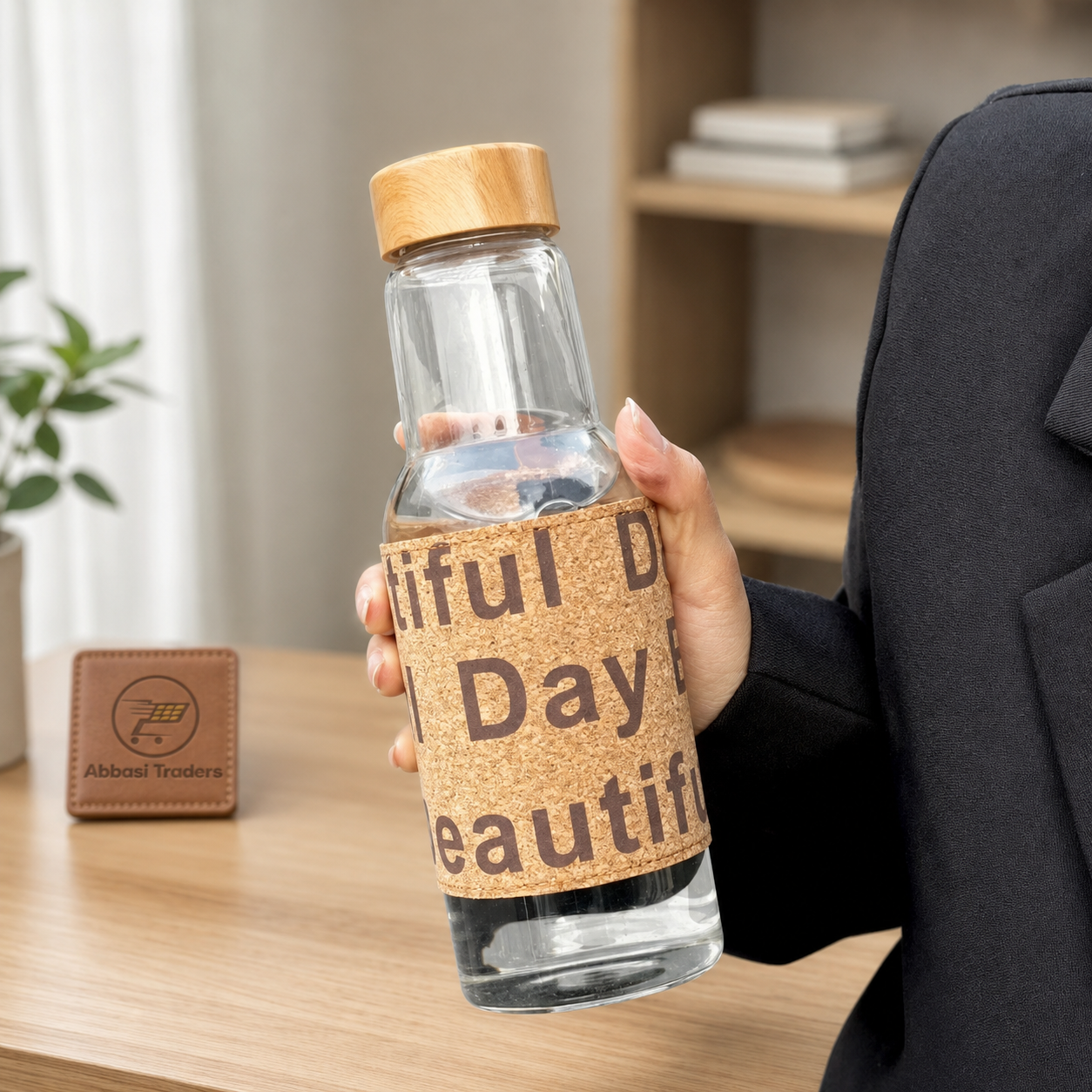 Beautiful Day Glass Water Bottle with Bamboo Lid & Cork Sleeve 550ML