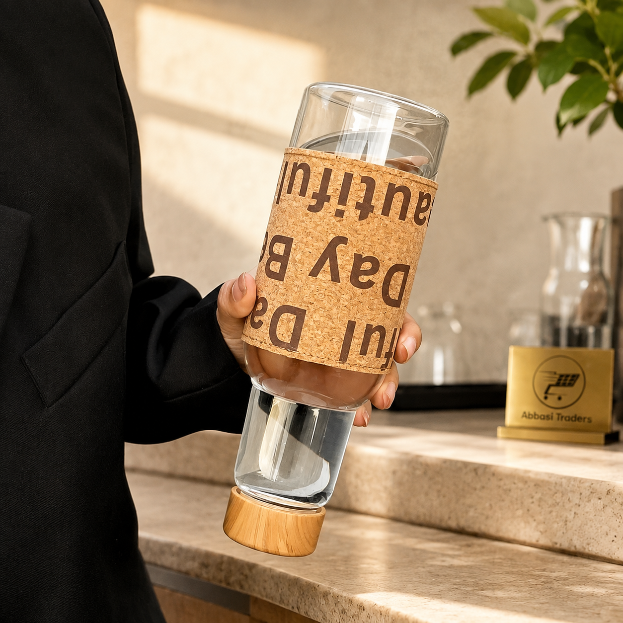 Beautiful Day Glass Water Bottle with Bamboo Lid & Cork Sleeve 550ML