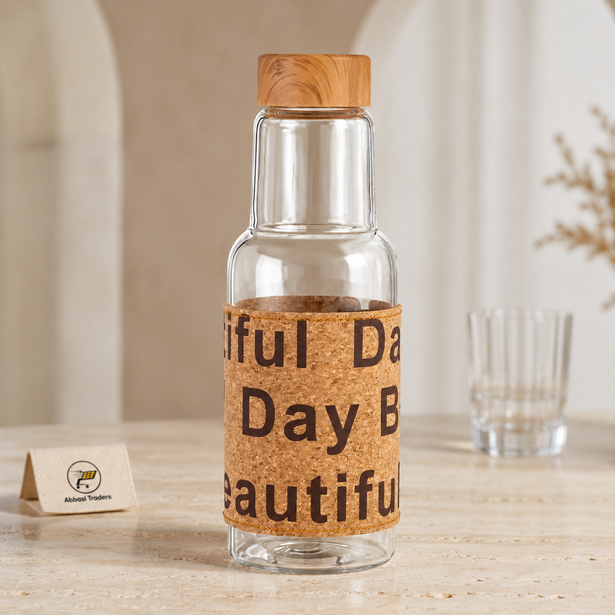 Beautiful Day Glass Water Bottle with Bamboo Lid & Cork Sleeve 550ML