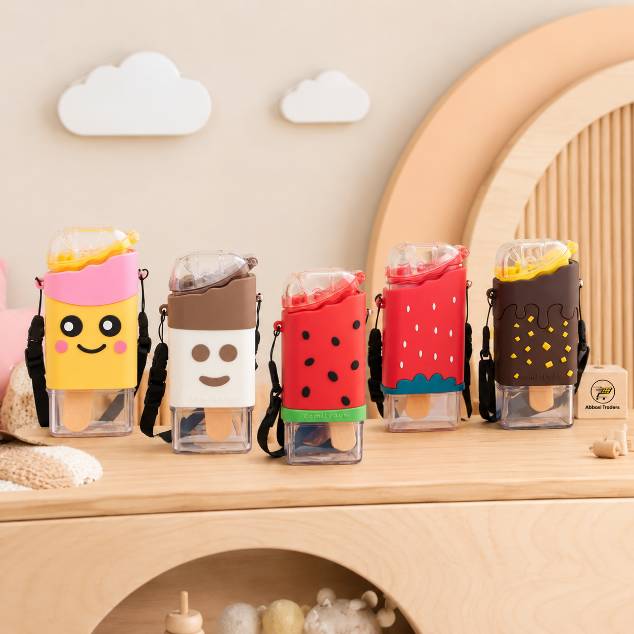 Ice Cream  Water Bottle with Straw & Hanging Strap