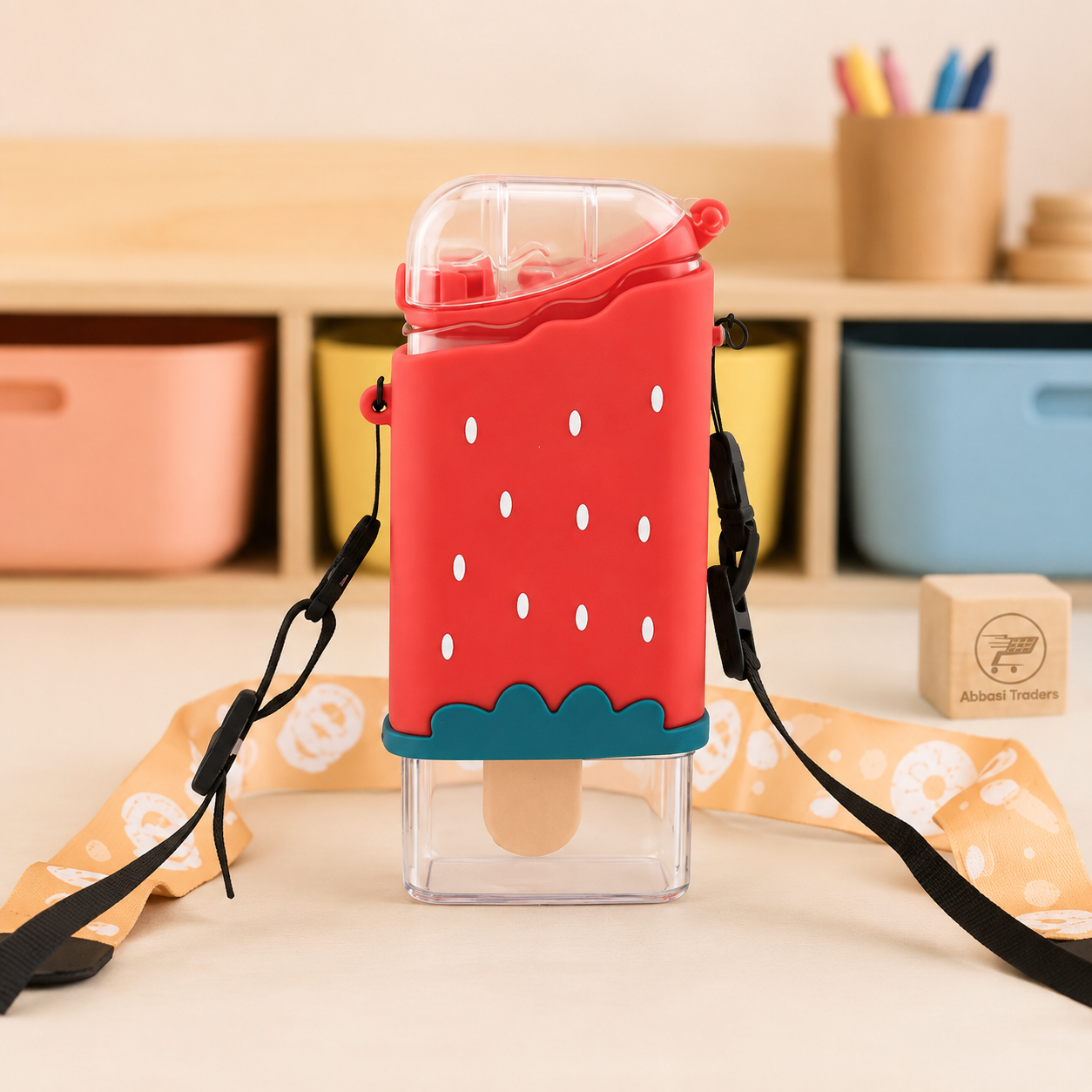 Ice Cream  Water Bottle with Straw & Hanging Strap