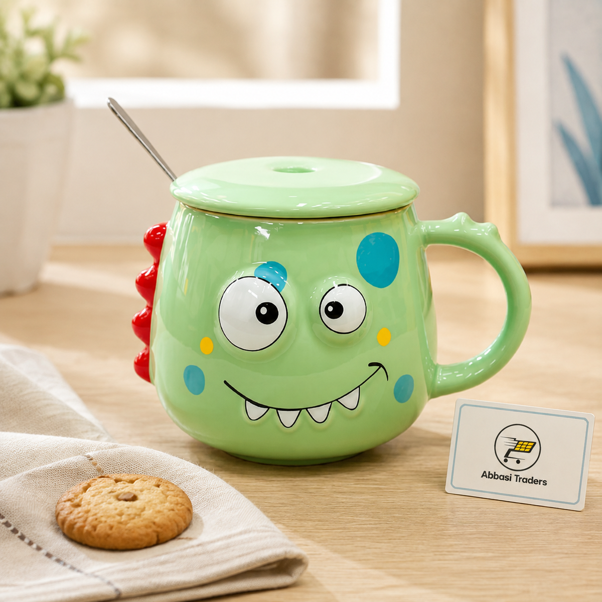Cartoon Dinosaur Ceramic Coffee Mug with Lid & Spoon