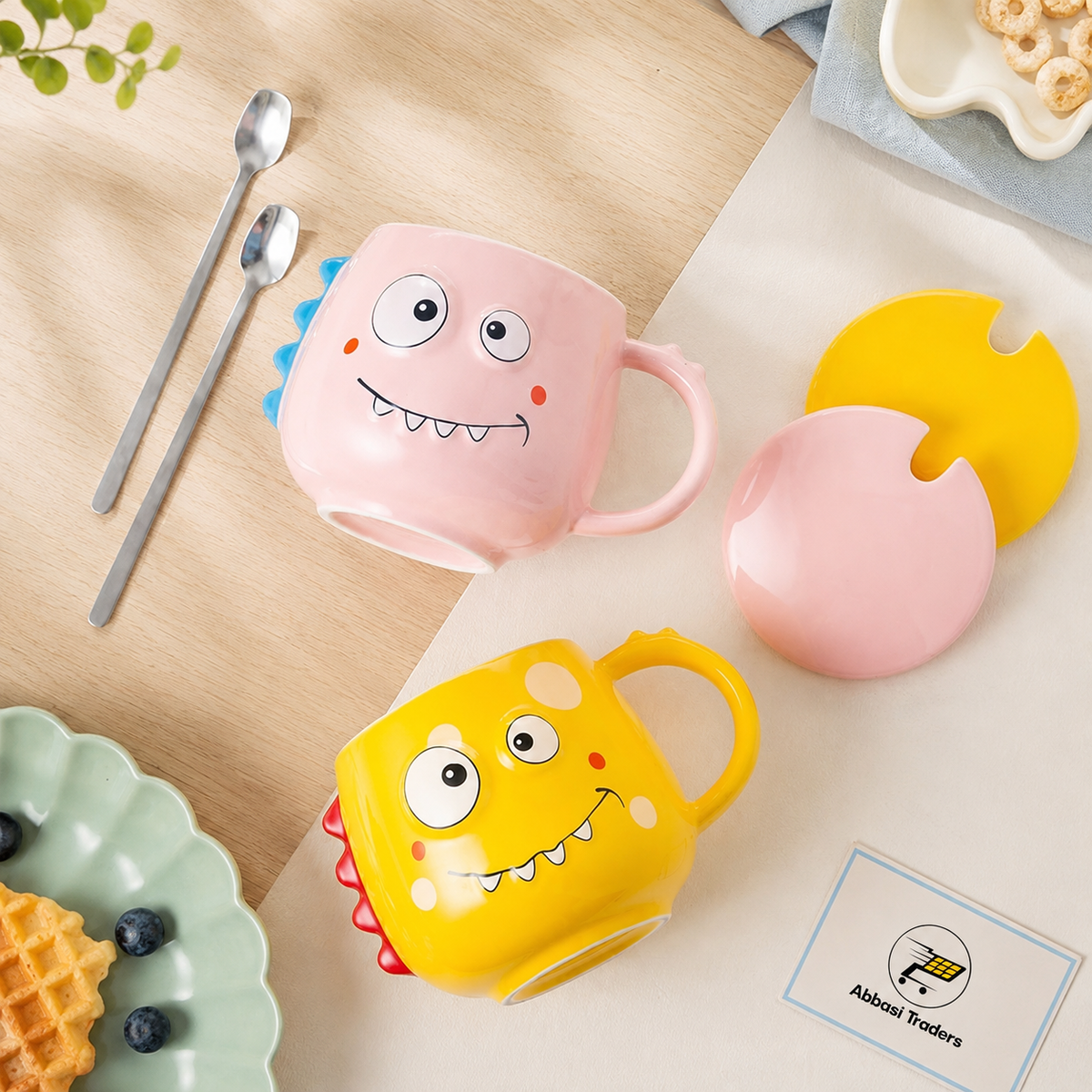 Cartoon Dinosaur Ceramic Coffee Mug with Lid & Spoon