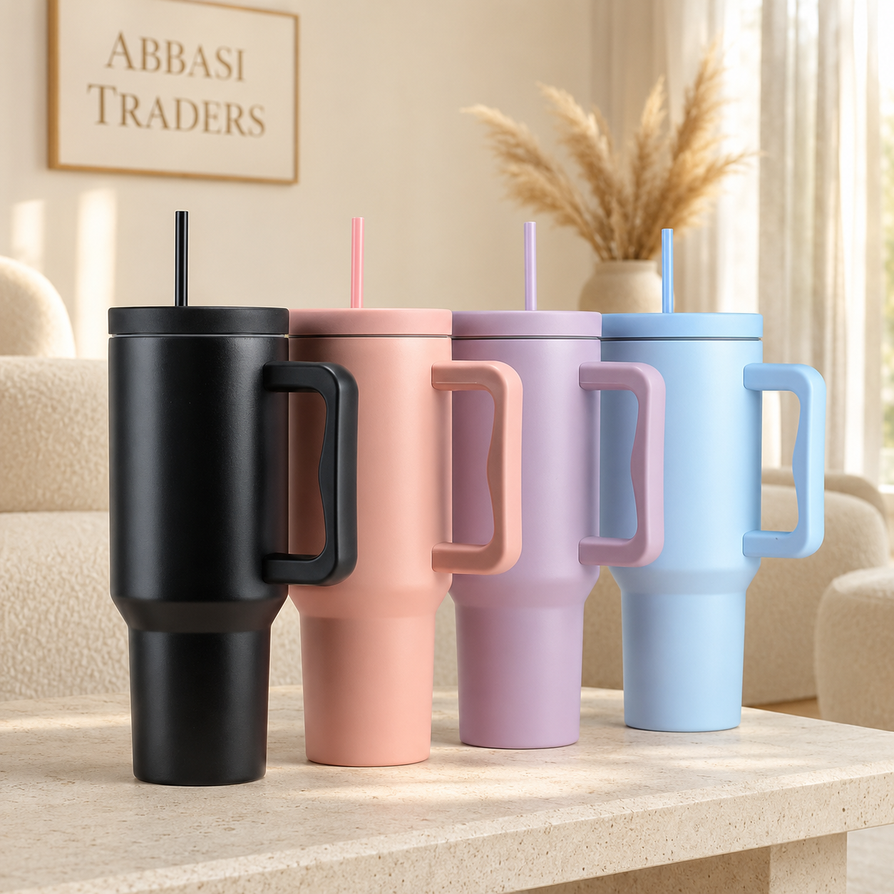 STAINLESS STEEL TUMBLER WITH HANDLE LEAK PROOF INSULATED TRAVEL MUG 40 OZ