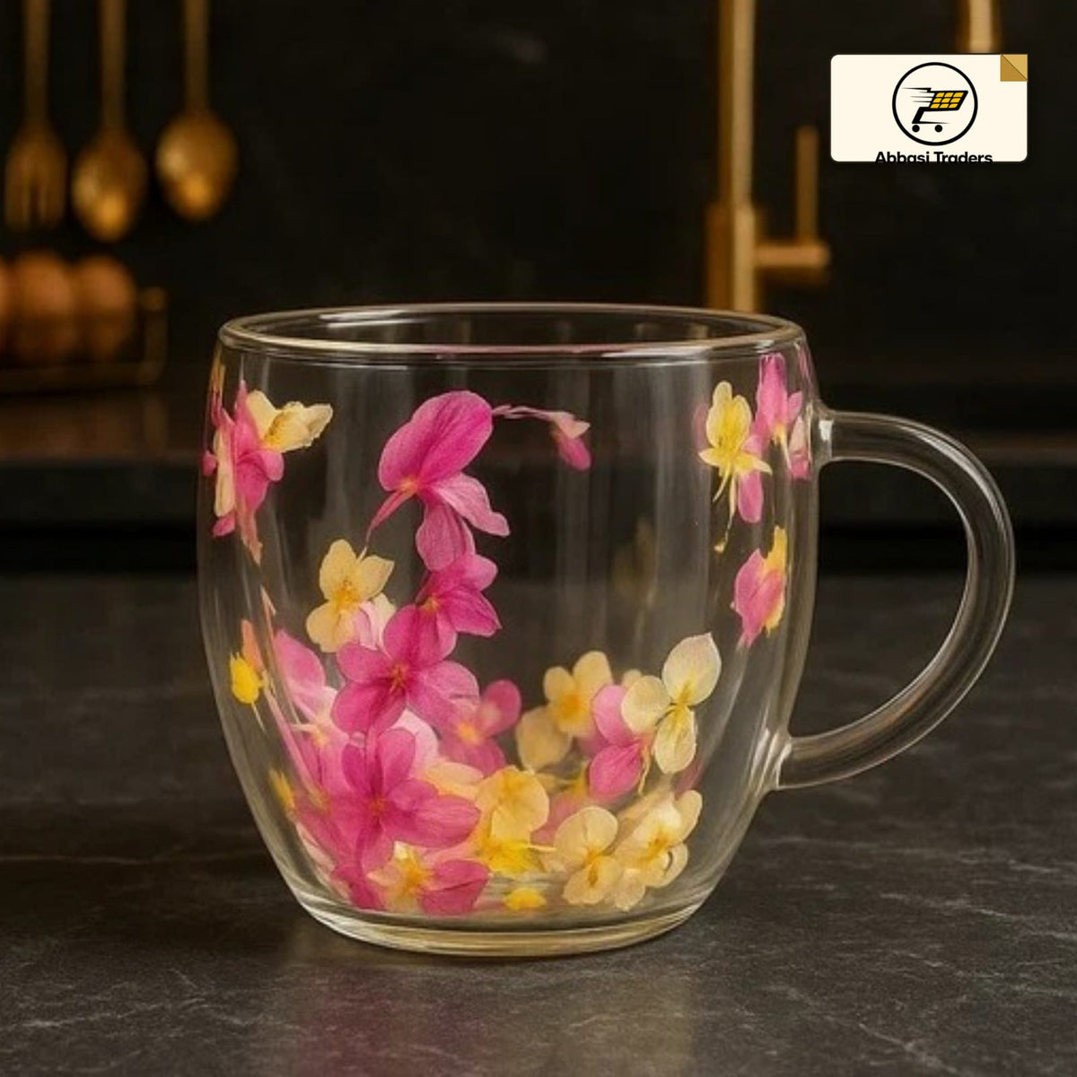 Dried Flower Double Wall Glass Coffee Mug – 250ml