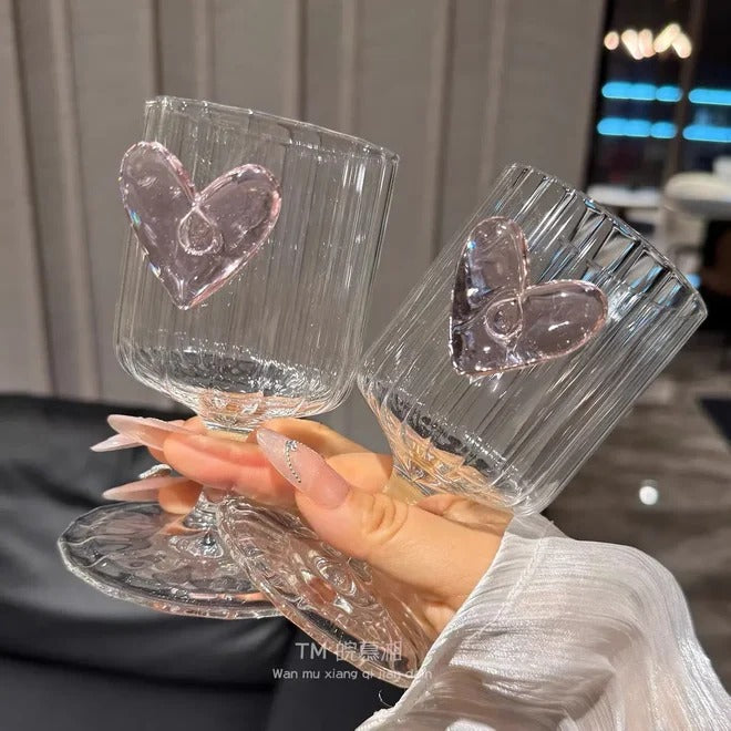 Pink Heart Ribbed Glass Goblet for Juice, Ice Cream & Cold Drinks