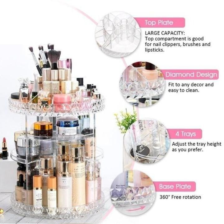 360 Degree Rotating Cosmetic Storage Box Makeup Organizer Cosmetics Storage Rack Fashion Beauty Crystal helf Display Stand