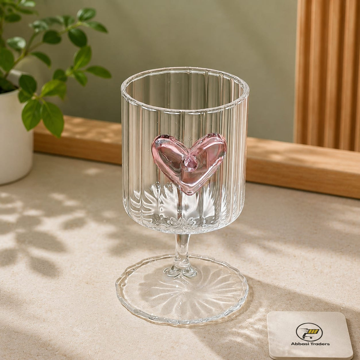 Pink Heart Ribbed Glass Goblet for Juice, Ice Cream & Cold Drinks