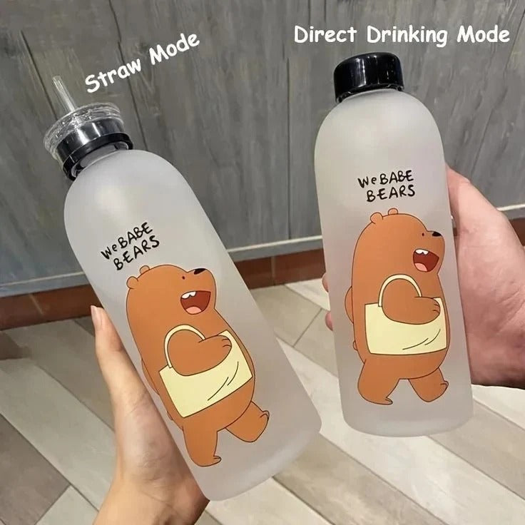 2 IN 1 We Bare Bears Reusable Water Bottle with Straw & 2 Caps 1000ML