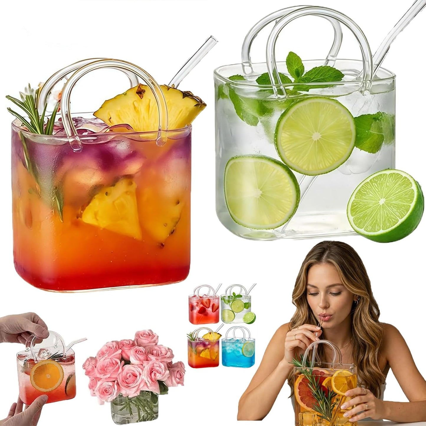 Glass Tumbler with Straw | Handbag Design for Cold Coffee & Juice 800ML