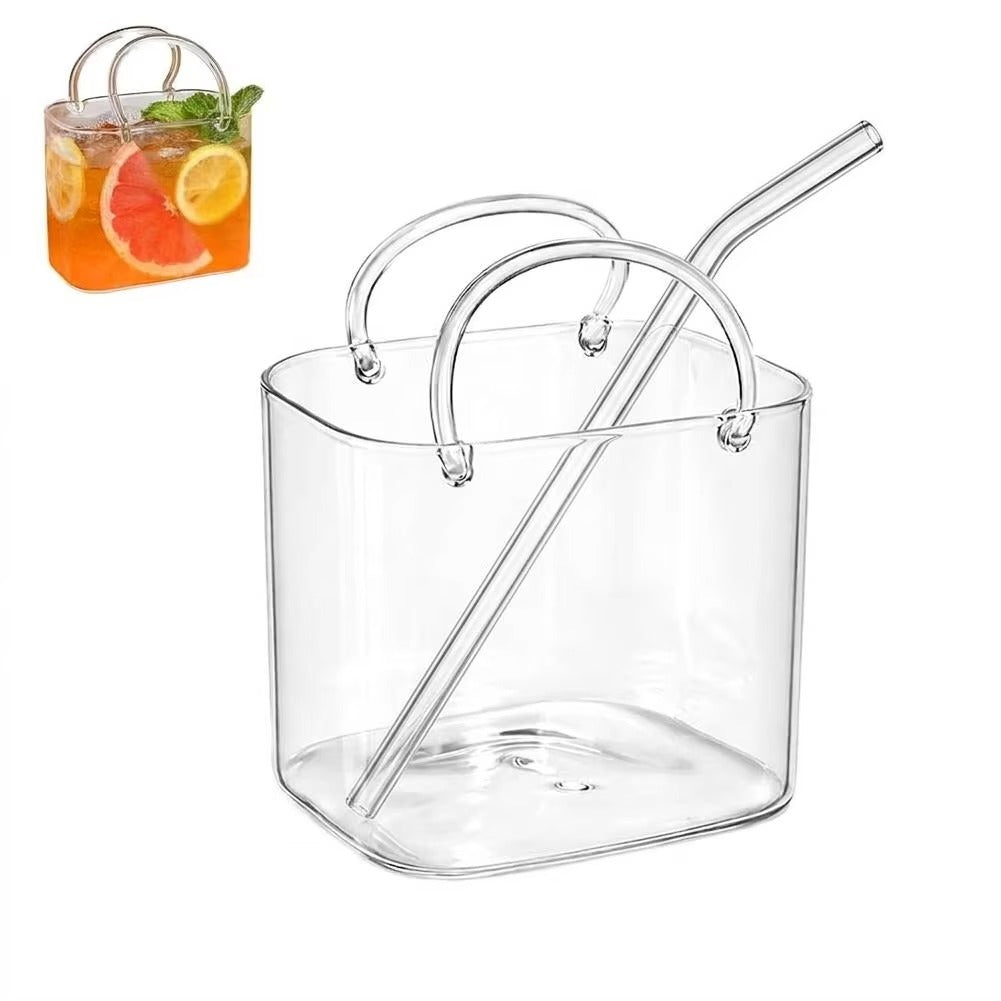 Glass Tumbler with Straw | Handbag Design for Cold Coffee & Juice 800ML