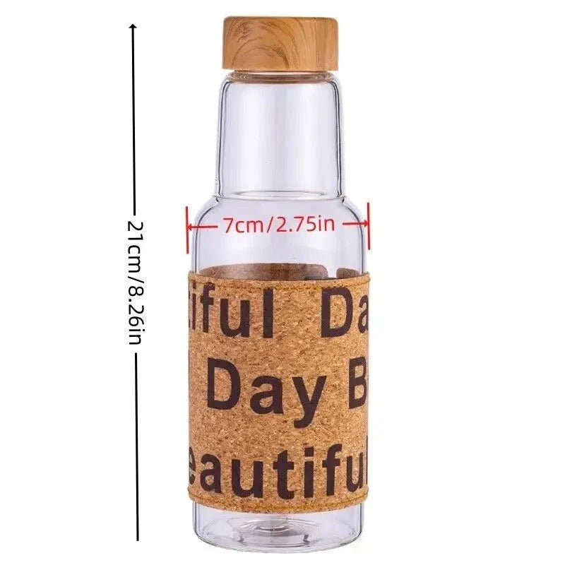Beautiful Day Glass Water Bottle with Bamboo Lid & Cork Sleeve 550ML