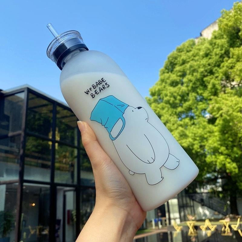 2 IN 1 We Bare Bears Reusable Water Bottle with Straw & 2 Caps 1000ML