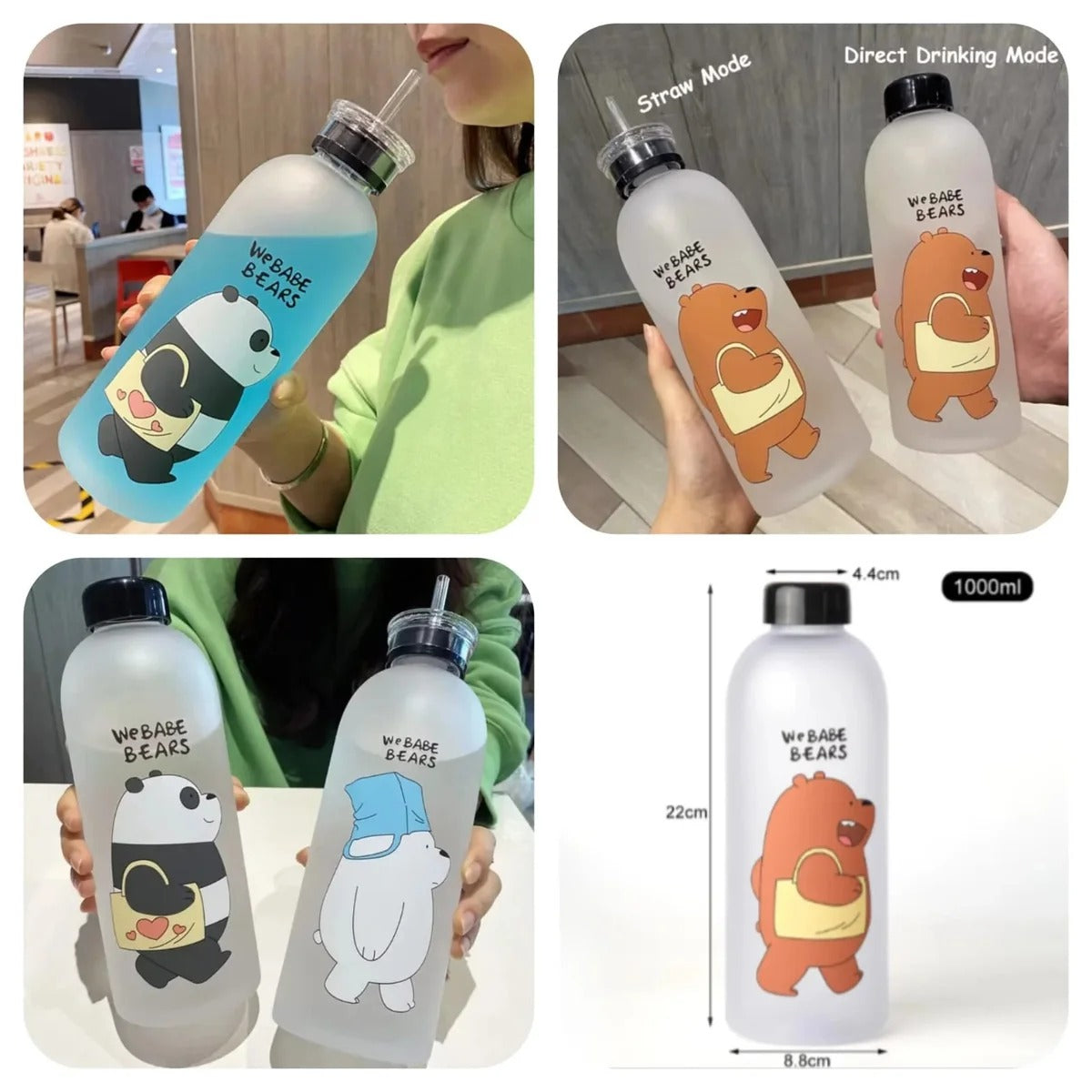 2 IN 1 We Bare Bears Reusable Water Bottle with Straw & 2 Caps 1000ML